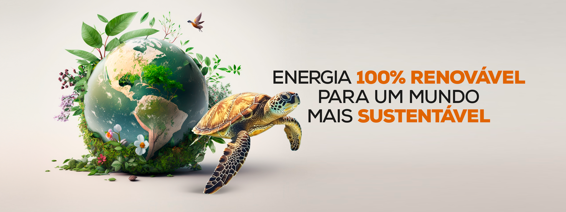 Planeta cercado de natureza com tartaruga — energia limpa e sustentabilidade